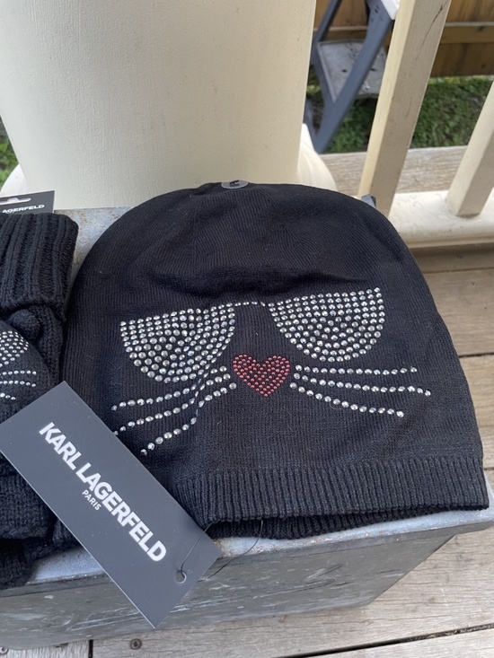 NWT Karl Lagerfeld Paris black Cat Fingerless Winter Gloves and Cat beanie hat main image 5